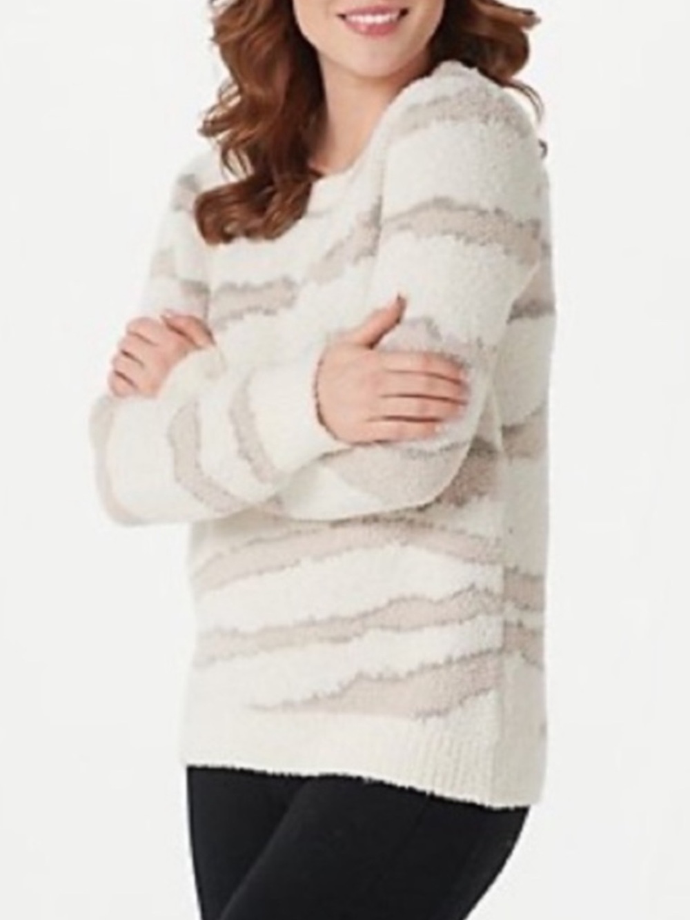 Barefoot Dreams CozyChic Seaside Zebra Cream Pullover Fuzzy Sweater Small